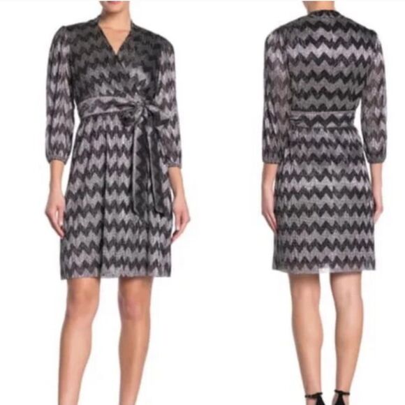Eliza J Dresses & Skirts - Eliza J Zigzag Chevron Black & Silver Metallic Wrap Dress - Size 10, EUC